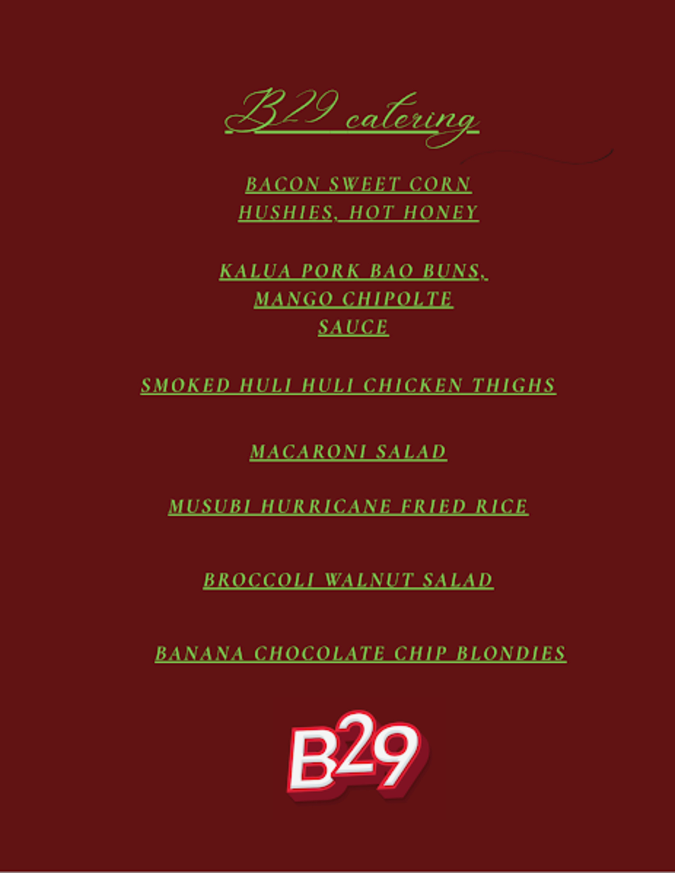 B29 Catering Menu
